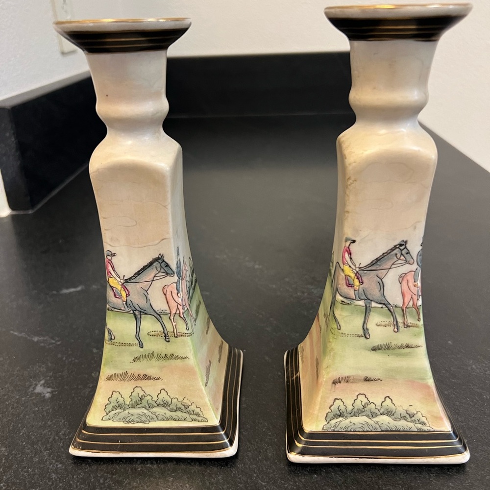 Antique Porcelain Equestrian Candle Sticks